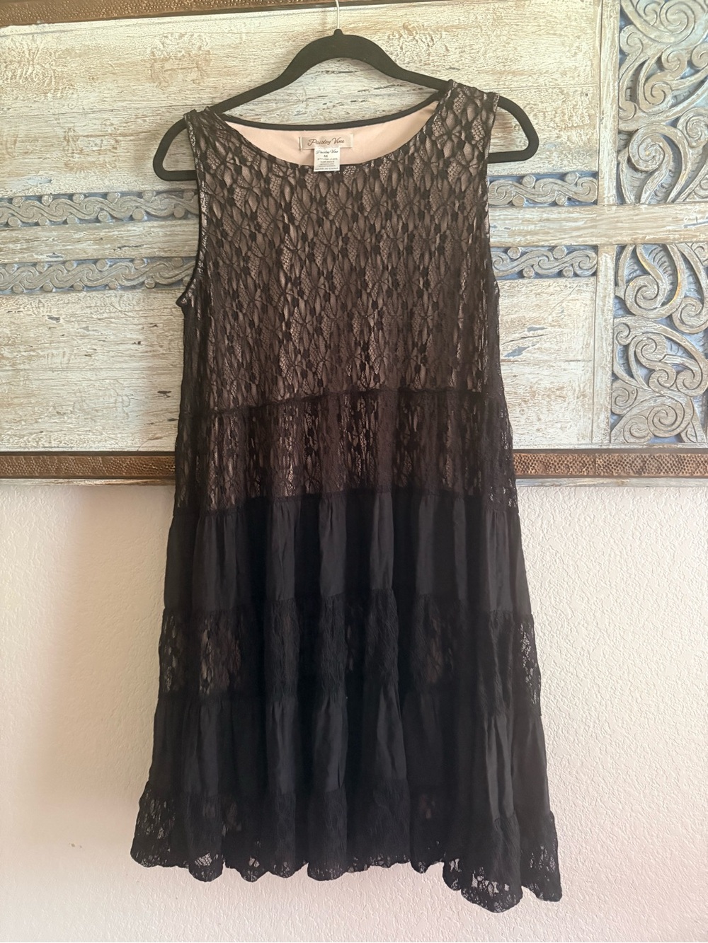 Sleeveless Black Lace Tiered Dress by Perceptions